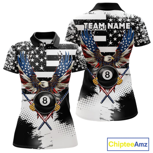 Custom Eagle American Flag 8 Ball Billiard Shirt For Women, Grunge Pool Team Jersey Polo & 1/4 Zip TDM5718