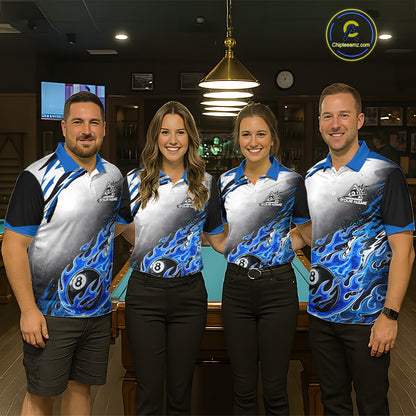 Blue Flaming 8 Ball Billiard Jersey Custom Women's Billiard Polo & Quarter Zip, Pool Team Jersey TDM5725