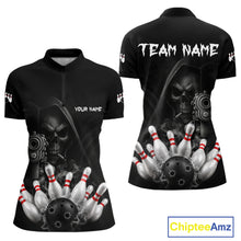 Load image into Gallery viewer, Funny Grim Reaper smoke black bowling team jersey quarter zip shirt for women featuring detailed Grim Reaper smoke graphics, premium custom bowling league apparel.