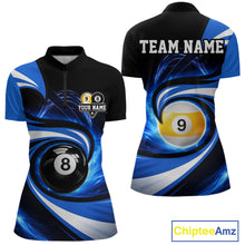 Load image into Gallery viewer, Black And Blue 8 Ball &amp; 9 Ball Billiard Shirt For Women Custom Pool Jersey Team Polo &amp; 1/4 Zip TDM6343