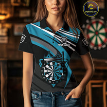 Load image into Gallery viewer, Black &amp; Turquoise Dartboard Crown Darts Shirt For Women Custom Darts Jersey Team Polo &amp; 1/4 Zip TDM4795