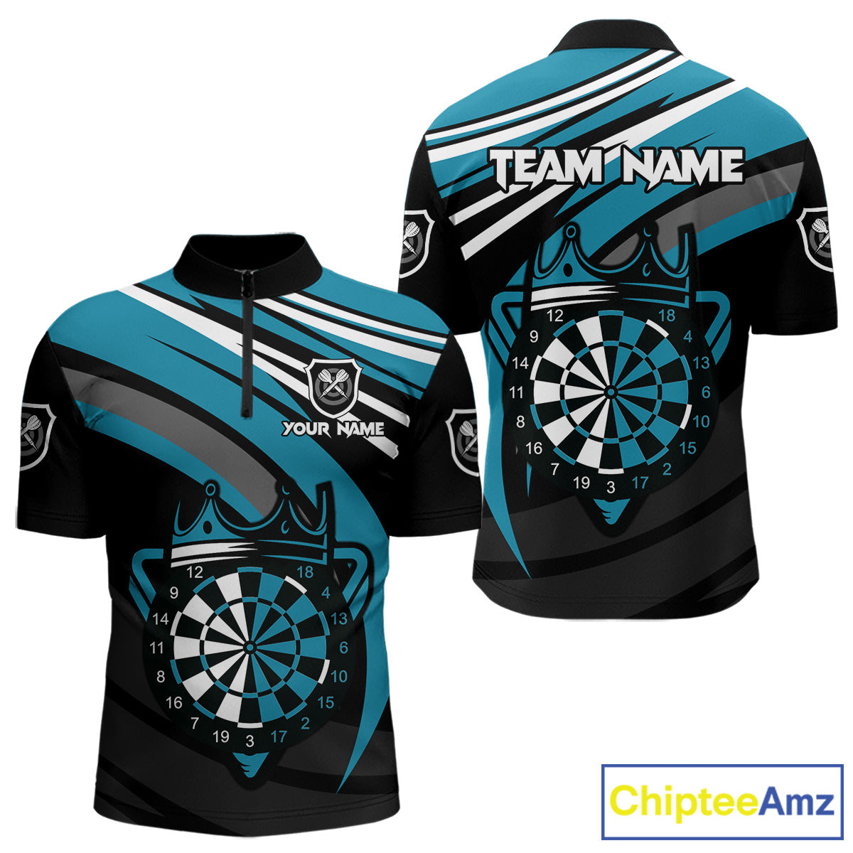Black & Turquoise Dartboard Crown Darts Shirt For Men Custom Darts Jersey Team Polo & 1/4 Zip TDM4795