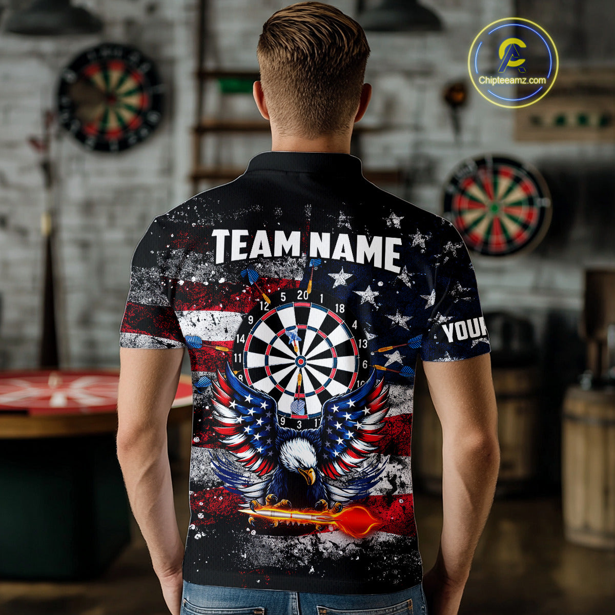 Personalized Dartboard Eagle American Flag Darts Shirt For Men, Patriotic Darts Team Jersey TDM5225