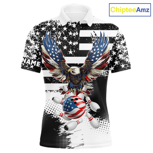 Custom Bowling Shirts For Men, Grunge Eagle American Flag Bowling Jersey Team Polo & 1/4 Zip TDM6545