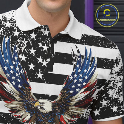 Custom Bowling Shirts For Men, Grunge Eagle American Flag Bowling Jersey Team Polo & 1/4 Zip TDM6545