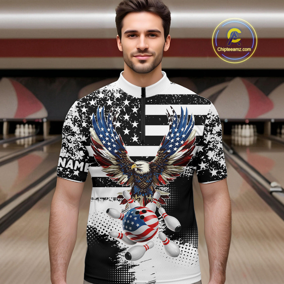 Custom Bowling Shirts For Men, Grunge Eagle American Flag Bowling Jersey Team Polo & 1/4 Zip TDM6545