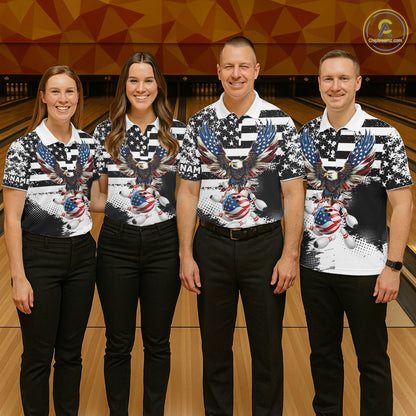 Custom Bowling Shirts For Men, Grunge Eagle American Flag Bowling Jersey Team Polo & 1/4 Zip TDM6545
