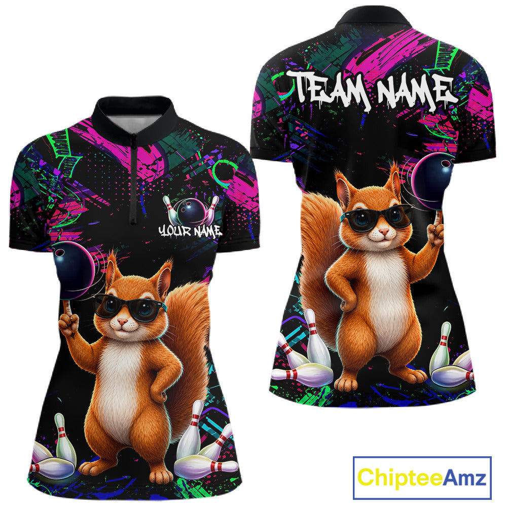 Personalized Funny Squirrel Graffiti Bowling Jersey For Women, Bowling Team Shirts Polo & 1/4 Zip TDM6555