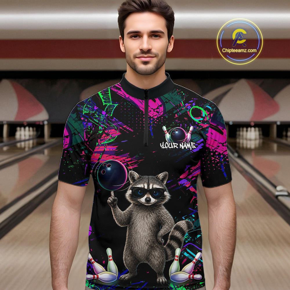 Personalized Funny Raccoon Graffiti Bowling Jersey For Men, Bowling Team Shirts Polo & 1/4 Zip TDM6557