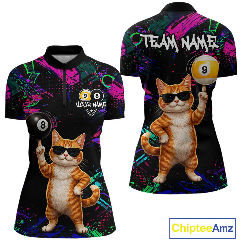 Funny Cat 8 Ball & 9 Ball Graffiti Billiard Shirts For Women Custom Pool Team Jersey Polo & 1/4 Zip TDM6559