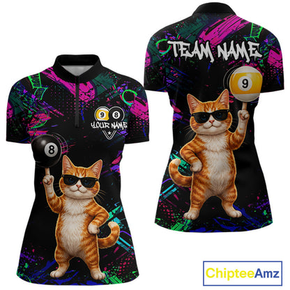 Funny Cat 8 Ball & 9 Ball Graffiti Billiard Shirts For Women Custom Pool Team Jersey Polo & 1/4 Zip TDM6559