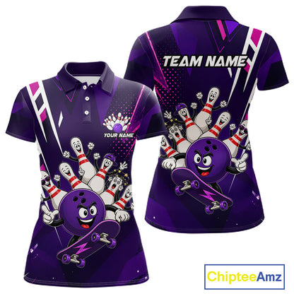 Personalized purple funny skateboarding bowling ball bowling team jersey polo shirt for women featuring a playful skateboarding bowling ball design, premium custom bowling team apparel.