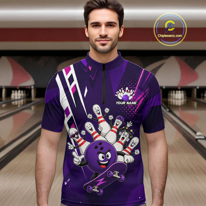 Man wearing personalized purple funny skateboarding bowling ball bowling team jersey quarter zip shirt featuring skateboarding bowling ball artwork, front view.