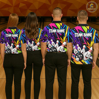 Bowling team wearing matching funny colorful bowling ball bowling team jerseys, back view.