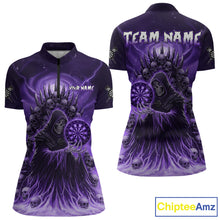 Load image into Gallery viewer, Personalized Purple Grim Reaper Darts Jersey For Women Custom Skull Darts Team Polo &amp; Quarter Zip  TDM5059