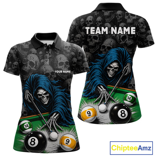 Custom Funny Grim Reaper Skull 8 Ball 9 Ball Polo Shirt Designed for Personalized Billiard Team Jerseys with Bold Artwork and Premium Athletic Performance Style