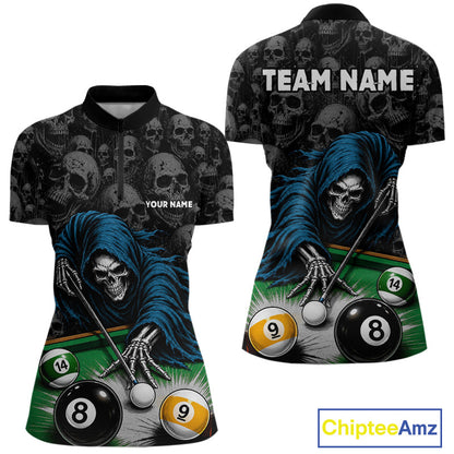 Personalized Funny Grim Reaper Skull 8 Ball 9 Ball Quarter Zip Billiard Shirt Created for Pool League Teams with Performance Fabric and Tournament Ready Jersey Design