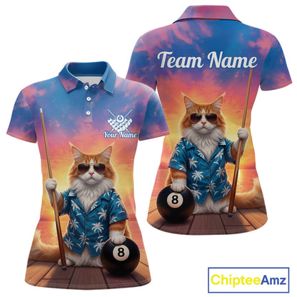 Personalized Funny Cat Sunset Billiard Shirt For Women Custom 8 Ball Pool Team Jersey Polo & 1/4 Zip TDM6414