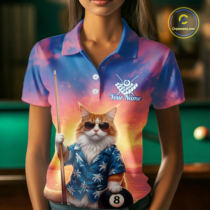 Personalized Funny Cat Sunset Billiard Shirt For Women Custom 8 Ball Pool Team Jersey Polo & 1/4 Zip TDM6414