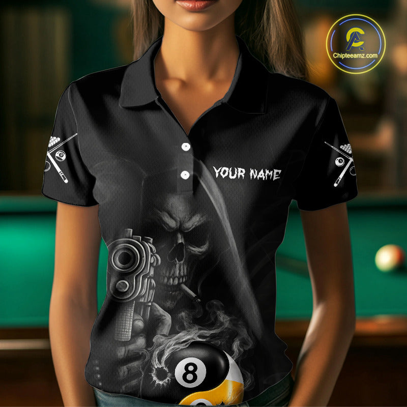 Woman Wearing Grim Reaper 8 Ball 9 Ball Yin Yang Smoke Black Billiard Polo Shirt with Athletic Performance Fit and Bold Gothic Graphic Artwork, Front View