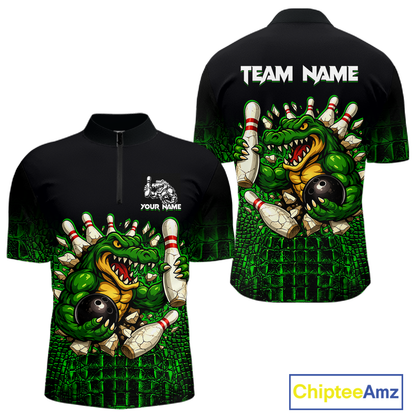 Black And Green Funny Alligator Bowling Shirt For Men Custom Bowling Jersey Team Polo & 1/4 Zip TDM5818