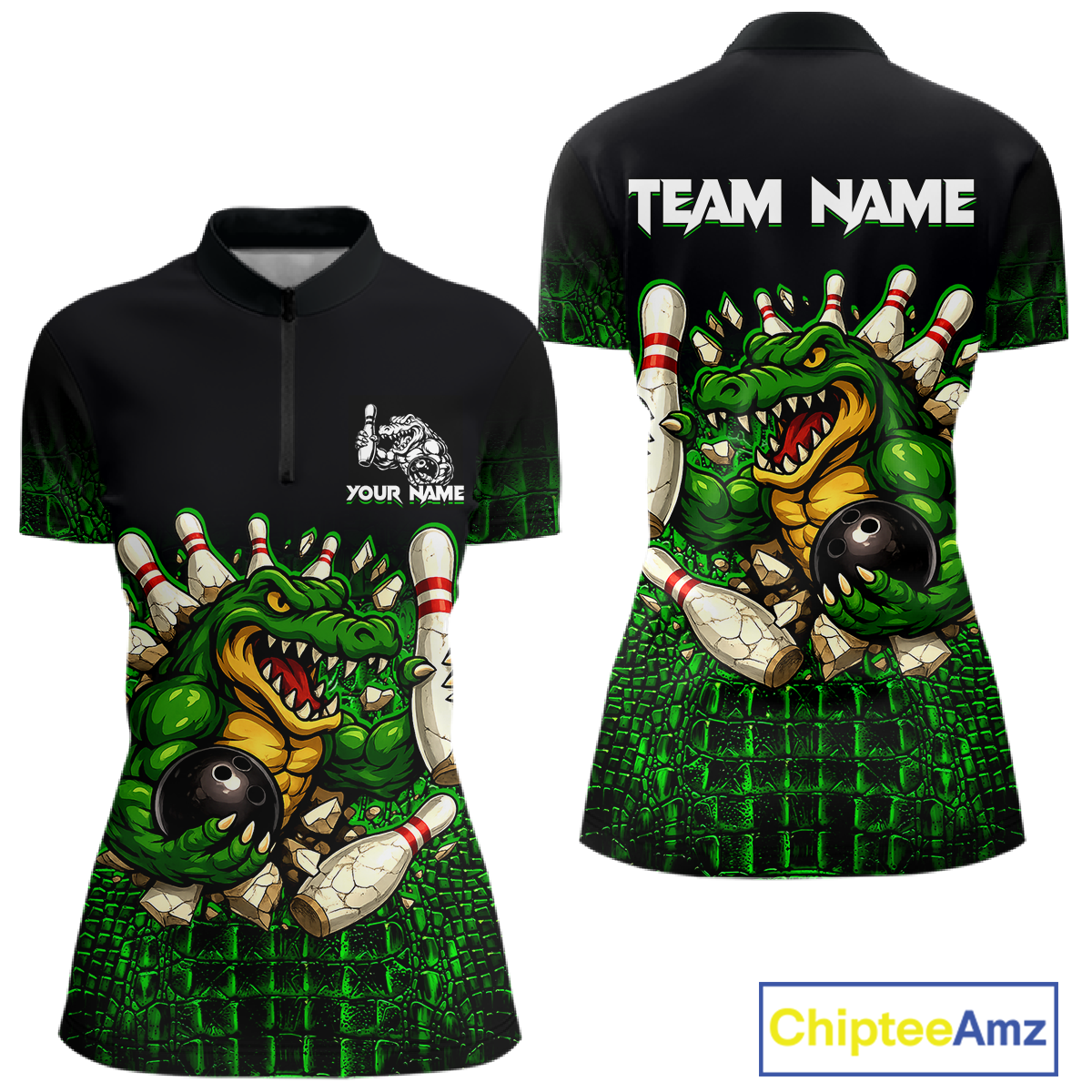 Black And Green Funny Alligator Bowling Shirt For Women Custom Bowling Jersey Team Polo & 1/4 Zip TDM5818