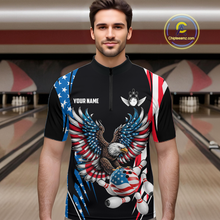 Load image into Gallery viewer, Personalized American Flag Eagle Bowling Polo &amp; 1/4 Zip For Men, Patriotic Bowling Team Jersey TDM5822