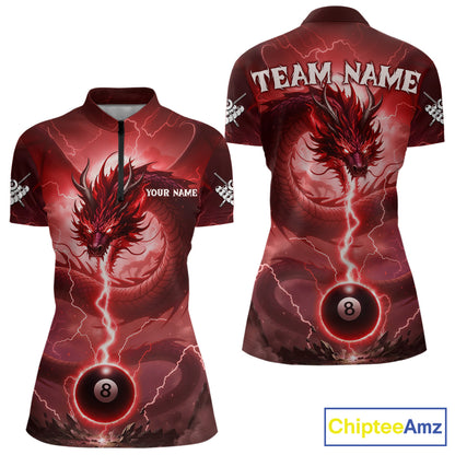 Red 8 Ball Lightning Dragon Billiard Jersey For Women Custom Pool Team Shirt Polo & 1/4 Zip TDM5116