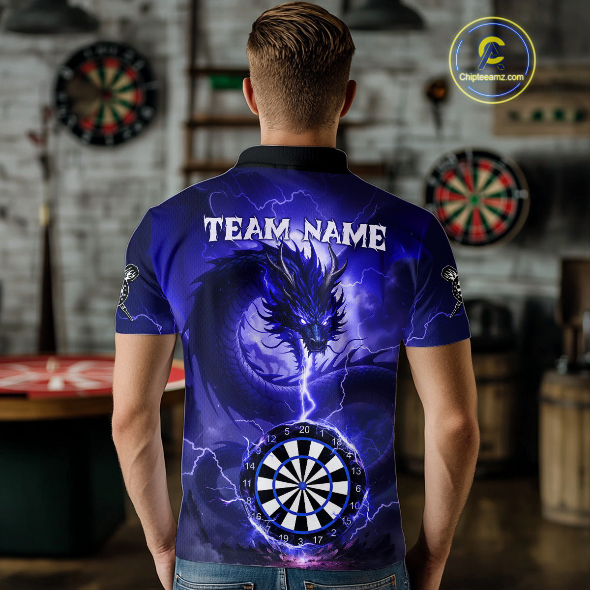 Blue Dartboard Lightning Dragon Mens Darts Shirt Custom Darts Jersey Team Polo & 1/4 Zip TDM5117