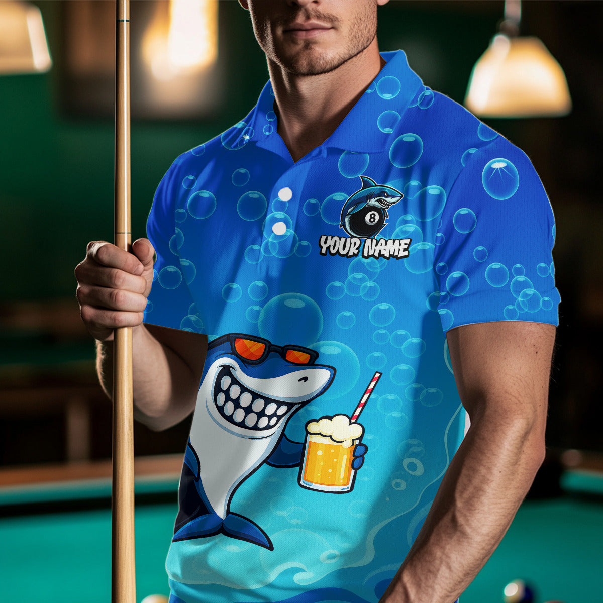Blue Funny Shark 8 Ball Billiard Shirts For Men Custom Pool Team Shirt, Billiard Polo & 1/4 Zip TDM5134