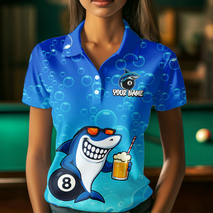 Blue Funny Shark 8 Ball Billiard Shirts For Women Custom Pool Team Shirt, Billiard Polo & 1/4 Zip TDM5134