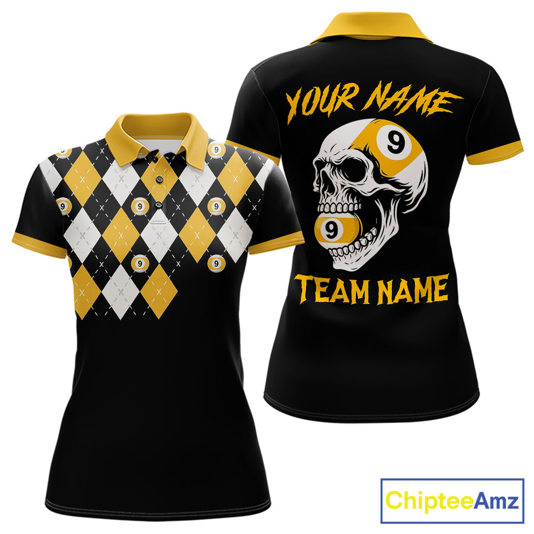 Personalized 9 Ball Skull Argyle Pattern Women's Billiard Shirts, 9 Ball Team Shirts Billiard Jersey TDM5137