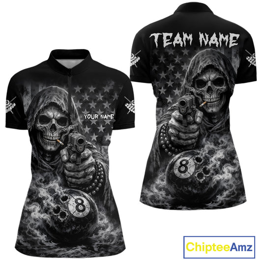 US Flag Grim Reaper 8 Ball Smoke Billiard Shirt For Women Custom Pool Jersey, Billiard Team Shirt TDM5611