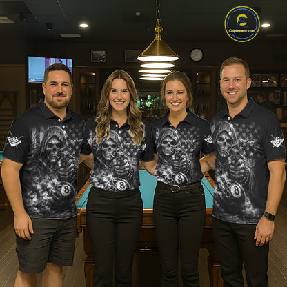 US Flag Grim Reaper 8 Ball Smoke Billiard Shirt For Women Custom Pool Jersey, Billiard Team Shirt TDM5611
