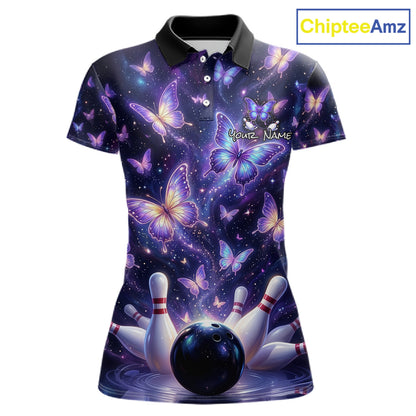 Custom Purple Butterfly Bowling Shirt For Women, Glowing Bowling Team Jersey Polo & 1/4 Zip TDM6225