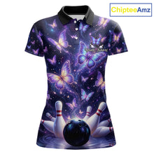 Load image into Gallery viewer, Custom Purple Butterfly Bowling Shirt For Women, Glowing Bowling Team Jersey Polo &amp; 1/4 Zip TDM6225