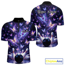 Load image into Gallery viewer, Custom Purple Butterfly Bowling Shirt For Men, Glowing Bowling Team Jersey Polo &amp; 1/4 Zip TDM6225