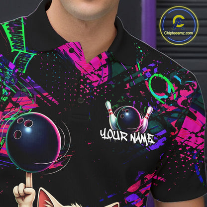 Custom Funny Cat Graffiti Bowling Shirt For Men, Personalized Bowling Team Jersey Polo & 1/4 Zip TDM6455
