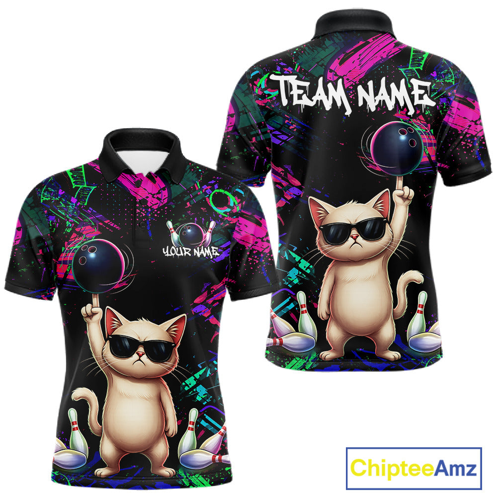 Custom Funny Cat Graffiti Bowling Shirt For Men, Personalized Bowling Team Jersey Polo & 1/4 Zip TDM6455