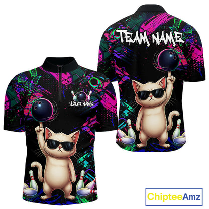 Custom Funny Cat Graffiti Bowling Shirt For Men, Personalized Bowling Team Jersey Polo & 1/4 Zip TDM6455
