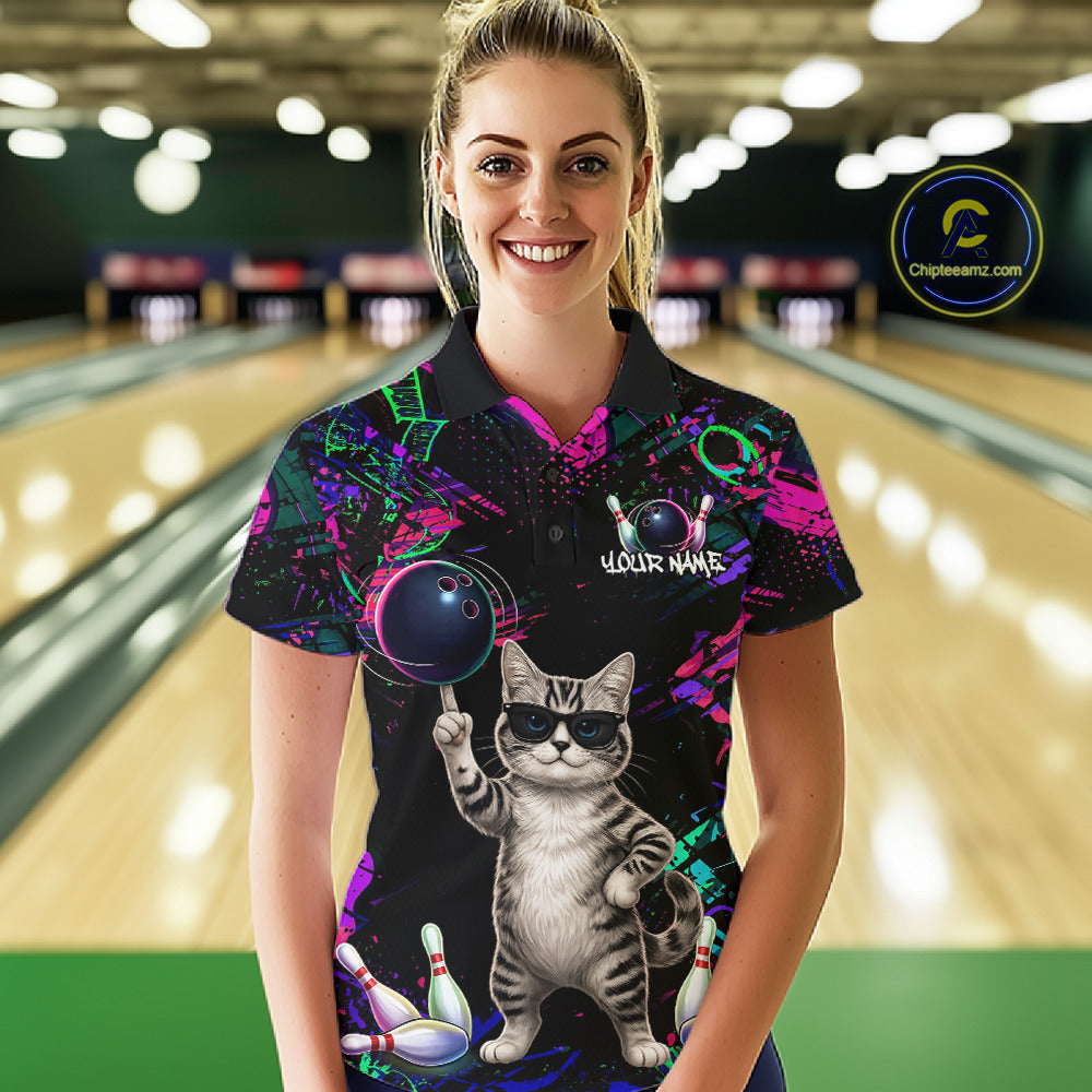 Personalized Funny Cat Graffiti Bowling Shirt For Women Custom Bowling Jersey Team Polo & 1/4 Zip TDM6456