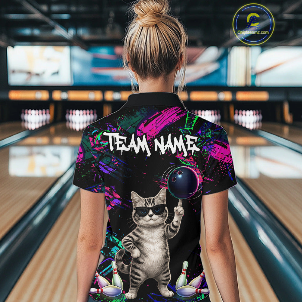 Personalized Funny Cat Graffiti Bowling Shirt For Women Custom Bowling Jersey Team Polo & 1/4 Zip TDM6456