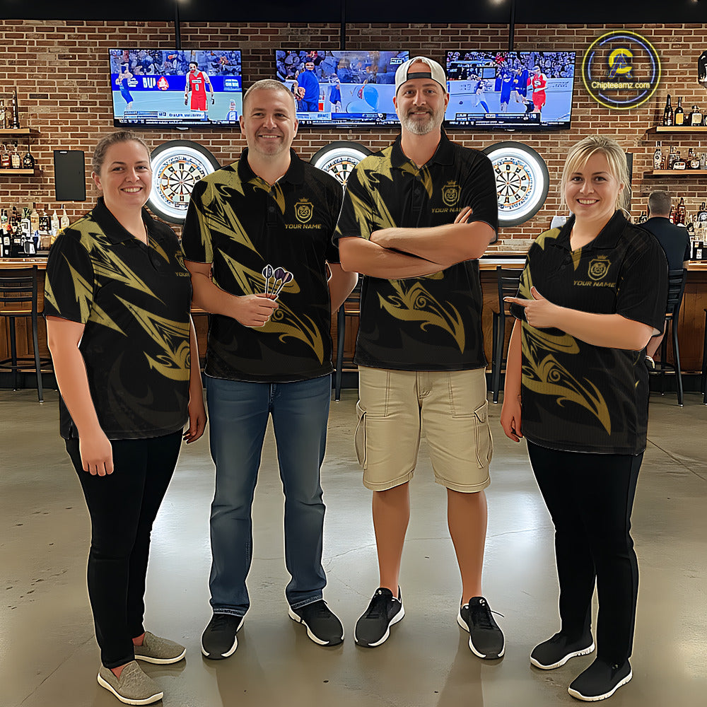 Black And Gold Dartboard Tribal Darts Polo & 1/4 Zip Custom Darts Shirt For Men, Darts Team Jersey TDM5366