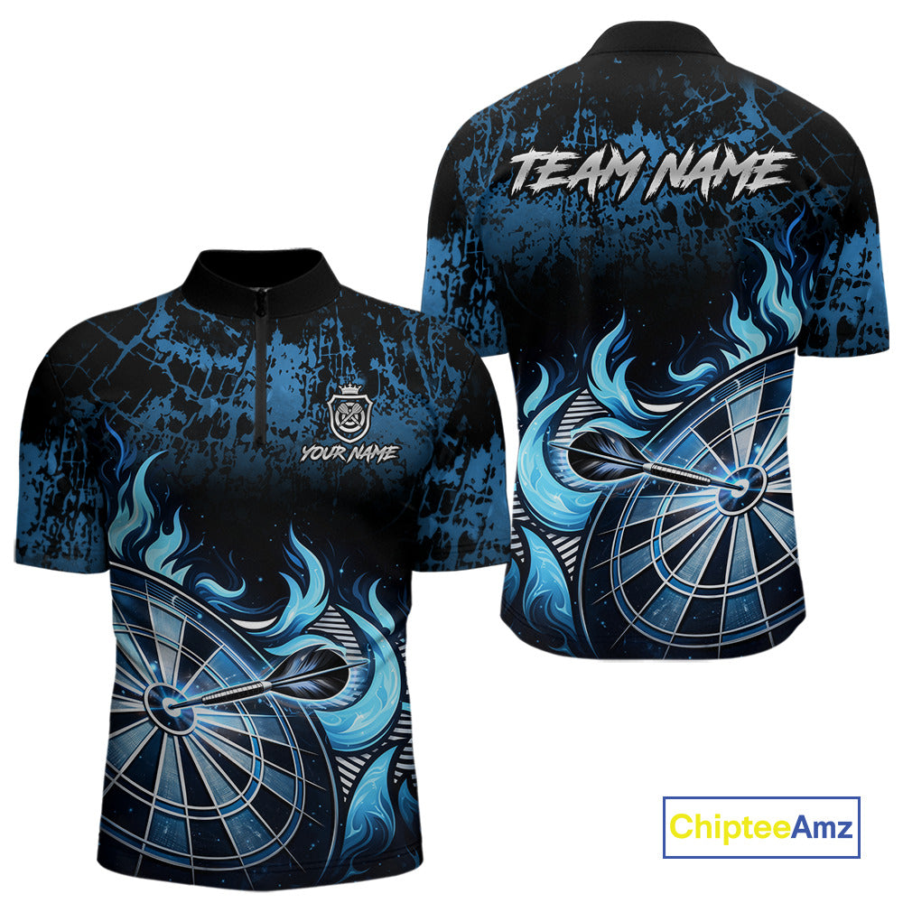 Black And Blue Dartboard Tribal Flame Darts Polo & 1/4 Zip For Men Custom Darts Team Jersey TDM6013