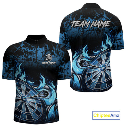 Black And Blue Dartboard Tribal Flame Darts Polo & 1/4 Zip For Men Custom Darts Team Jersey TDM6013