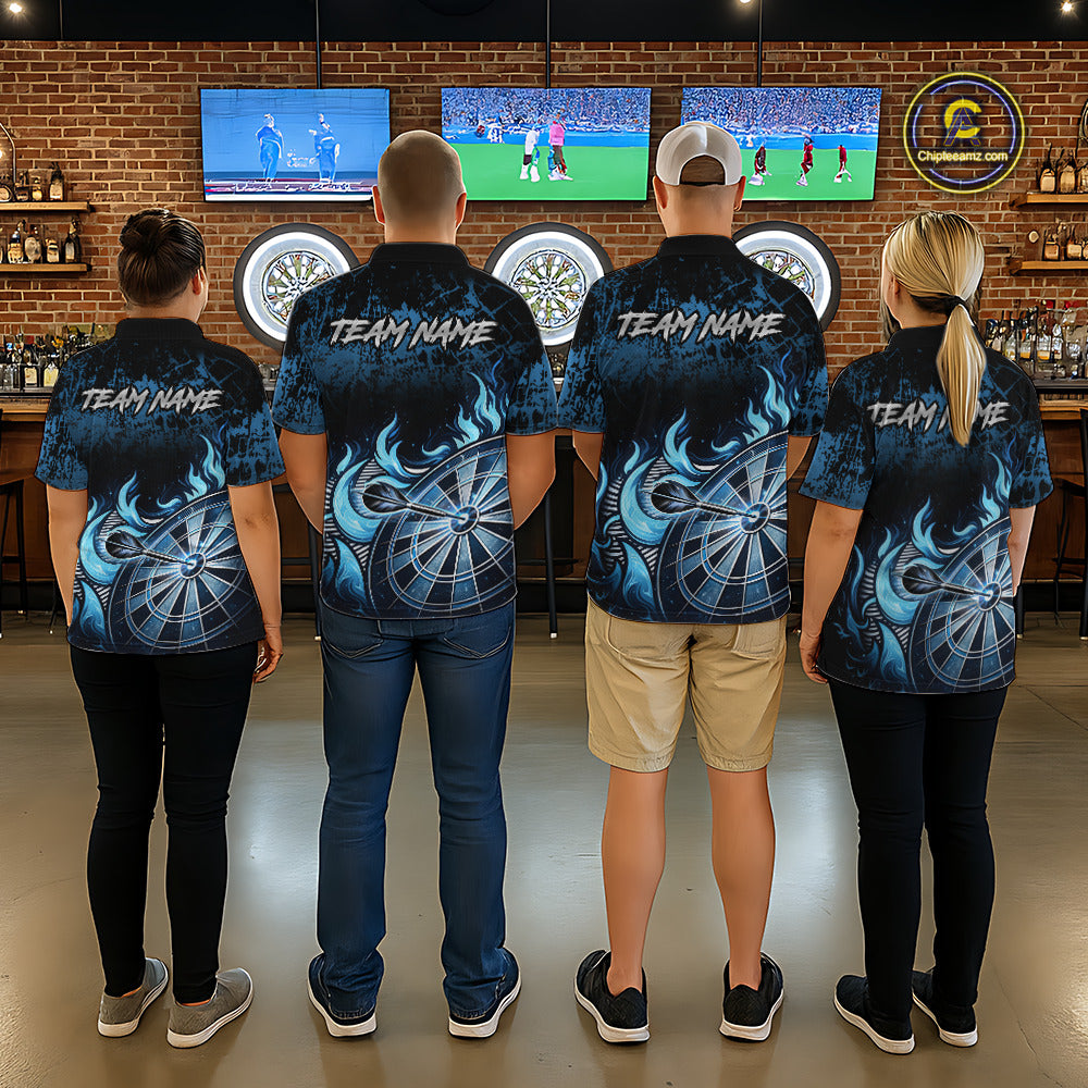 Black And Blue Dartboard Tribal Flame Darts Polo & 1/4 Zip For Men Custom Darts Team Jersey TDM6013