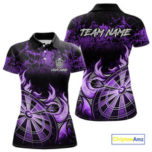 Load image into Gallery viewer, Black And Purple Dartboard Tribal Flame Darts Polo &amp; 1/4 Zip For Women Custom Darts Team Jersey TDM6014