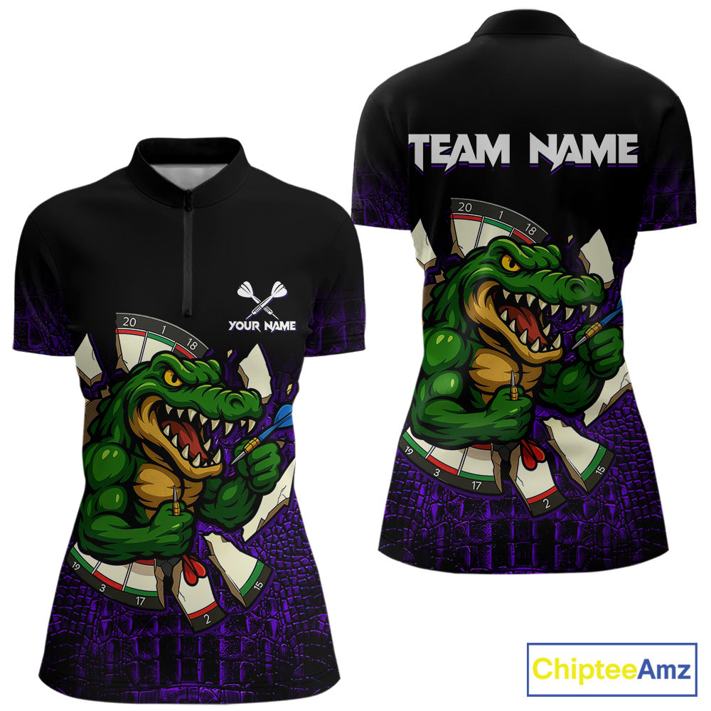 Black and Purple Funny Alligator Quarter Zip Darts Shirt for Women Created for Competitive Dart League Teams with Performance Fabric and Tournament Ready Comfort
