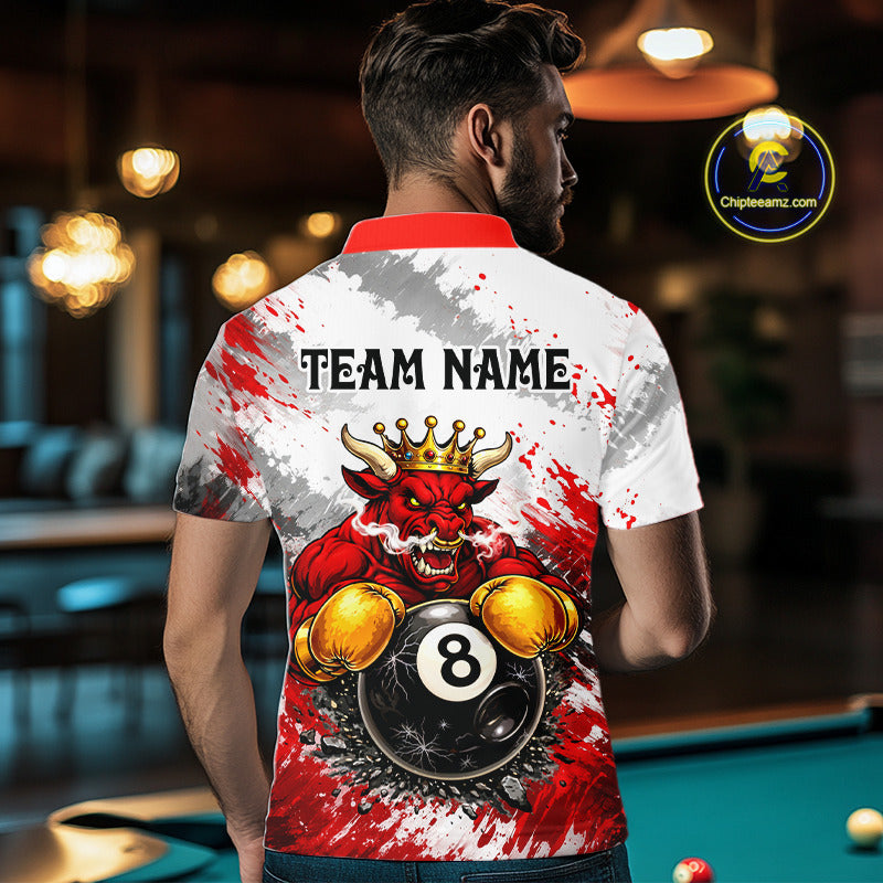 Red And White Grunge Bull 8 Ball Billiard Shirt For Men Custom Pool Team Jersey Polo & 1/4 Zip TDM5647