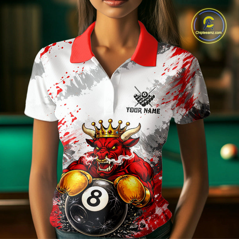 Red And White Grunge Bull 8 Ball Billiard Shirt For Women Custom Pool Team Jersey Polo & 1/4 Zip TDM5647